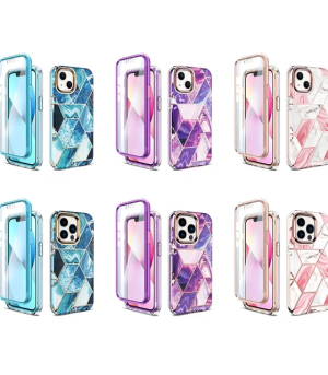 Variety of Marble Shockproof Phone Covers in Pink, Purple, and Blue on a White Background