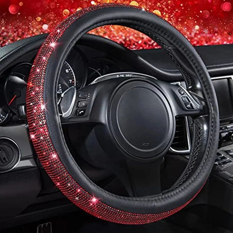 O-Shaped Black Red Rhinestone Bling Steering Wheel Cover