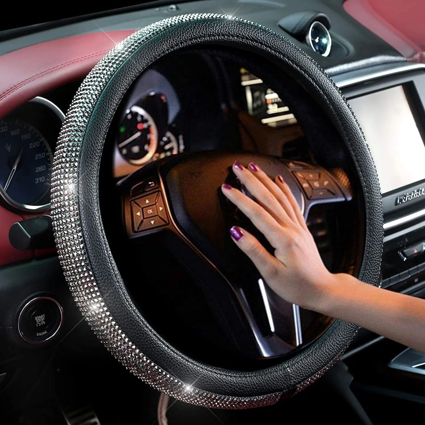 O-Shaped Black Rhinestone Bling Steering Wheel Cover