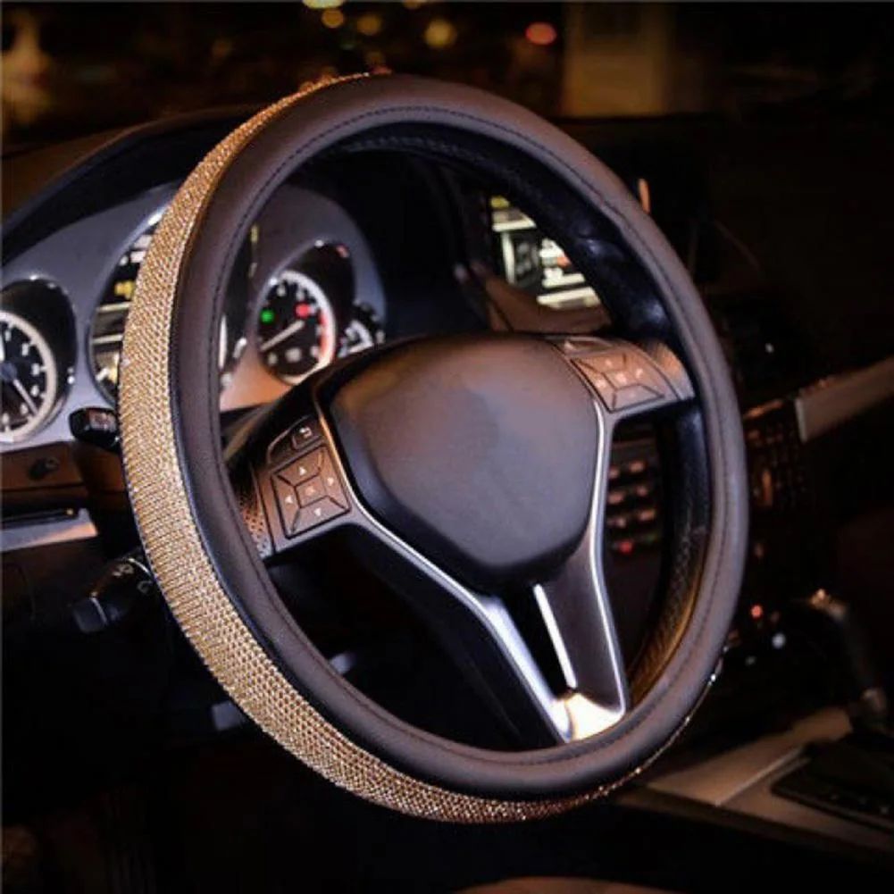 O-Shaped Gold Rhinestone Bling Steering Wheel Cover