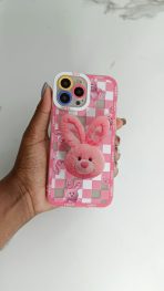 Cute Pink Square Rabbit Stand Silicone Phone Case - Image 3