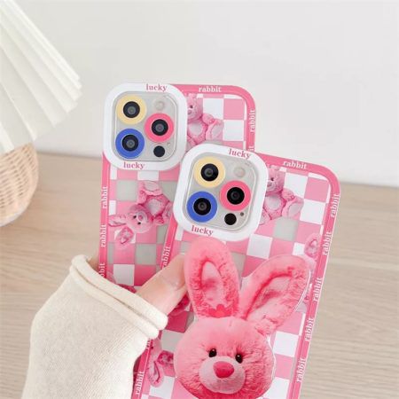 Cute Pink Square Rabbit Stand Silicone Phone Case