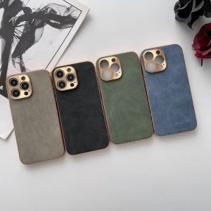 Variety of Electroplated Frame lambskin phone shell phone case in Grey, Blue, Black, and Green Colors with Gold Camera Lens on White Table