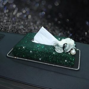 Flower Green Rhinestone Car Tissue Box