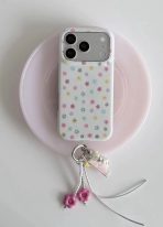 Pastel Floral Pattern Phone Case with Beaded Flower Charm- iPhone 17 Pro Max - Image 2