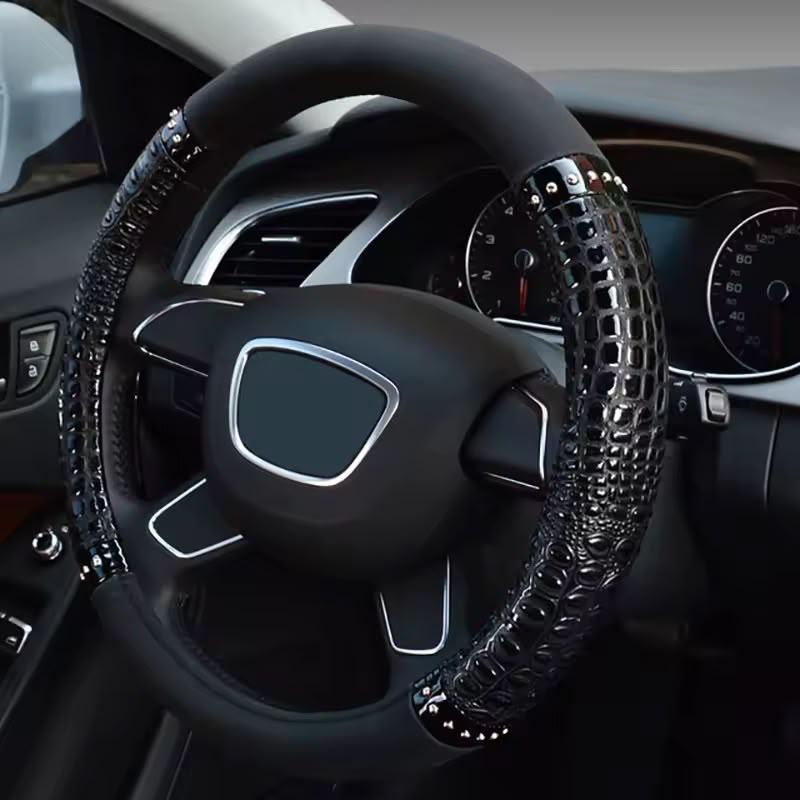32095a6f-ea8b-4378-b077-c3a4fa362b8a Luxury Black Crocodile PU Leather Steering Wheel Cover with Silver Rivet Studs - Image 1