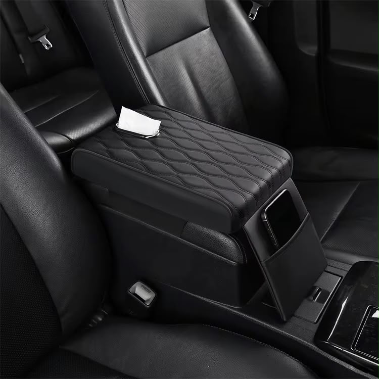 fce57958-4f29-4b69-a031-91c86033d6b4 Black Cushion Car Armrest with Tissue Box & Storage - Image 1